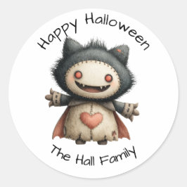 Sticker Rond Monstre mignon avec "Happy Halloween" et nom