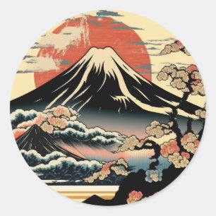 Sticker Rond Mont Fuji, Fugaku, fujiyama, Ukiyo-e Art,