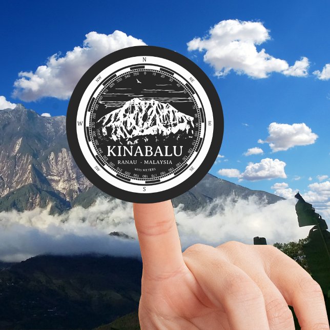 Sticker Rond Mont Kinabalu - Ranau Malaisie Sabah Illustration (Mount Kinabalu Malaysia Sticker in Back with a white compass and mountain illustration)