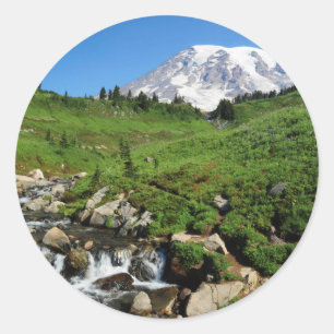 Sticker Rond Mont Rainier, cascade, enneigé