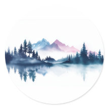 Montagnes et pins noirs à l'aquarelle rose et bleu