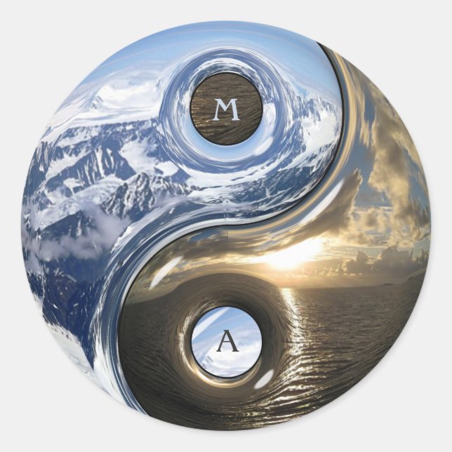 Sticker Rond Monts Mer Yin Yang Avec Votre Monogramme (Devant)