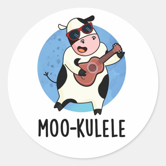 Sticker Rond Moo-kulele Funny Ukulele Cow Pun (Devant)