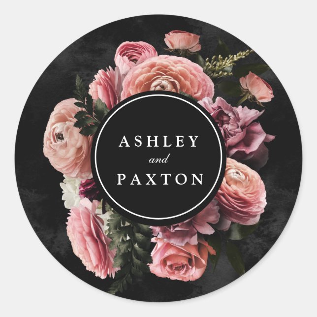 Sticker Rond Moody Elegant Rose | Bouquet floral sur noir (Devant)