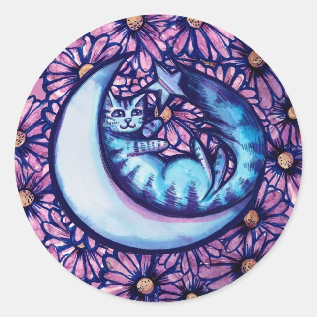 Sticker Rond Moon Cat Fleurs marguerite Mooncat art chatte chat (Devant)