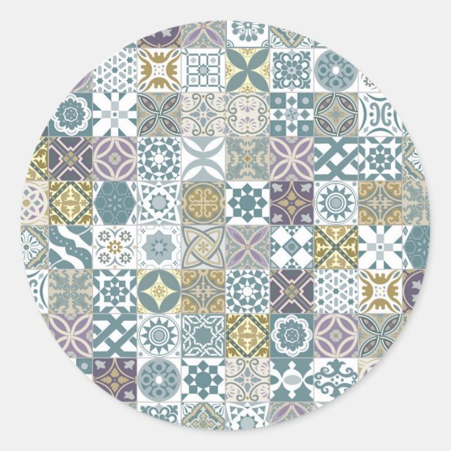 Sticker Rond Moroctile - pastel blue and gold (Devant)