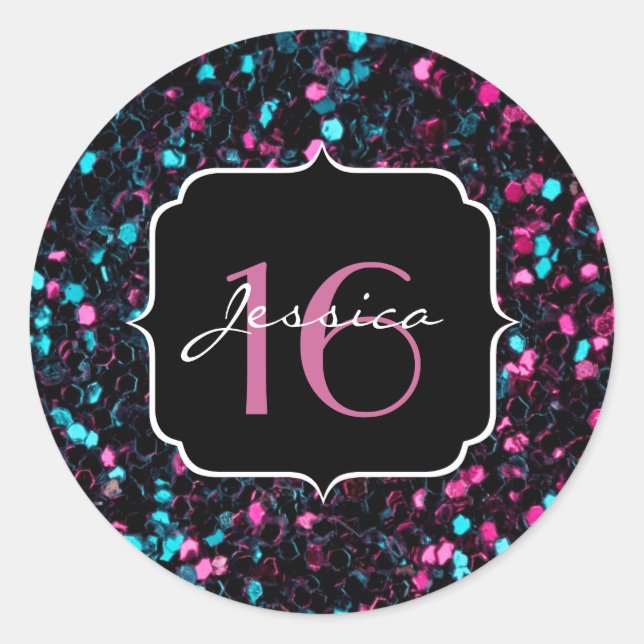 Sticker Rond Mosaïque rose et bleue brillante Douce 16 (Devant)
