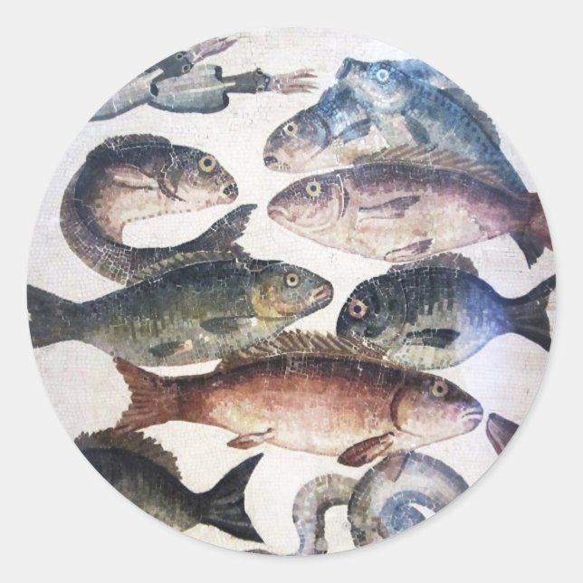 STICKER ROND MOSAÏQUES ROMAINES ANTIQUES, POISSONS, ESPACE DE V (Devant)
