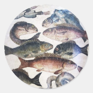 STICKER ROND MOSAÏQUES ROMAINES ANTIQUES, POISSONS, ESPACE DE V