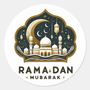 Sticker Rond Mosquée Ramadan Mubarak et lanternes