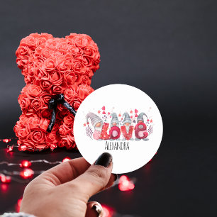 Sticker Rond Mot d'amour rouge avec aquarelle Gnomes Valentines