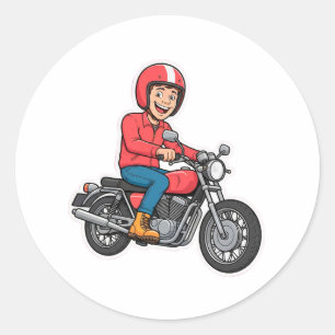 Sticker Rond Motard de dessin animé conduisant une moto