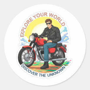Sticker Rond 🔥 Motard de dessin animé fou - Action de conduite