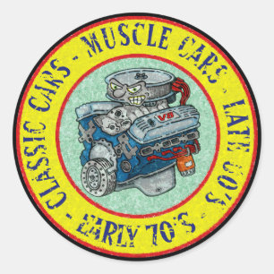 STICKER ROND MOTEUR RETRO STYLE CARTOON CLASSIQUE V-8