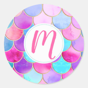 Sticker Rond Motif à échelle de sirène rose, violet et aqua