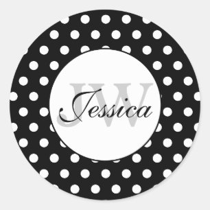 Sticker Rond Motif à pois noir et blanc tendance Monogramme