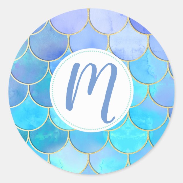 Sticker Rond Motif Aqua Pearlescent & Gold Mermaid (Devant)