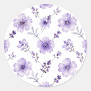Sticker Rond Motif aquarelle de fleurs de lin pourpre lavande