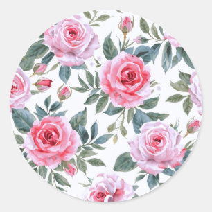 Sticker Rond Motif aquarelle élégant à fleurs de rose rose
