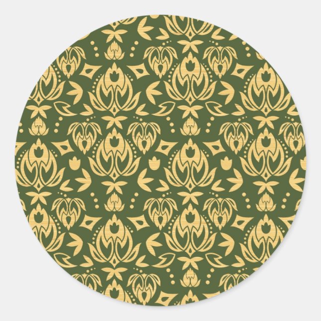 Sticker Rond Motif arrière - plan de damas fleuris en bois (Devant)
