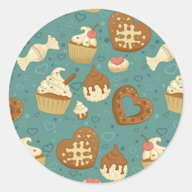 Sticker Rond Motif avec cupcakes et bonbons (Devant)