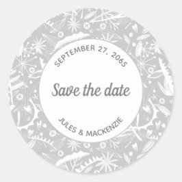 Sticker Rond Motif Botanique Silver Grey Enregistrer la date
