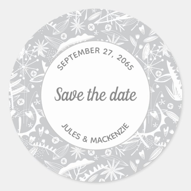 Sticker Rond Motif Botanique Silver Grey Enregistrer la date (Devant)
