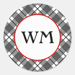 Sticker Rond Motif carreaux noir et blanc éditable avec monogra
