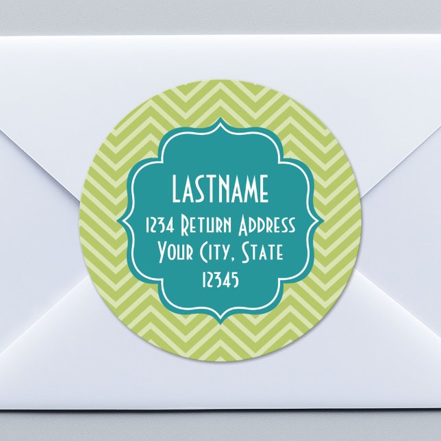 Sticker Rond Motif Chevron avec Monogram - Turquoise Blue et Li (Custom Return Address Sticker)
