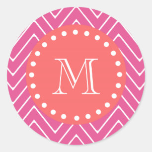 Sticker Rond Motif Chevron rose chaud Monogramme de corail