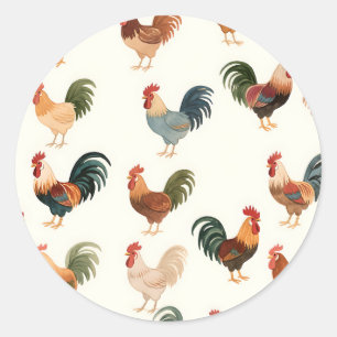 Sticker Rond Motif Coq Vintage Style Ferme Ancienne
