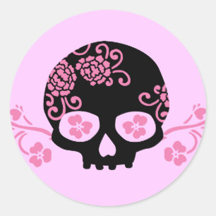 Sticker Rond Motif crâne et rose