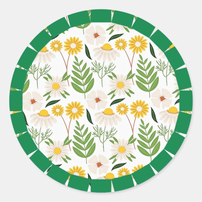 Sticker Rond Motif Daisy Springtime, cadre vert, (Devant)