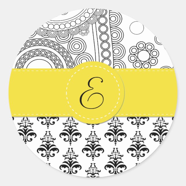 Sticker Rond Motif Damas, Damas noir et blanc, Monogramme (Devant)