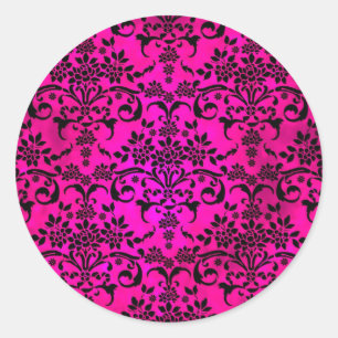 Sticker Rond Motif damassé floral fuchsia et noir brillant