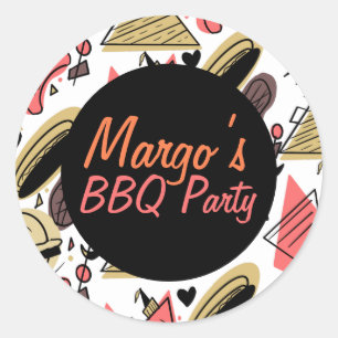 Sticker Rond Motif d'anniversaire BBQ Burger Hotdog Doodle   