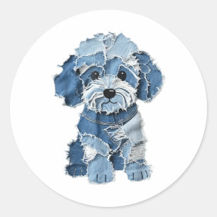 Sticker Rond Motif de chien Denim Patchwork Art
