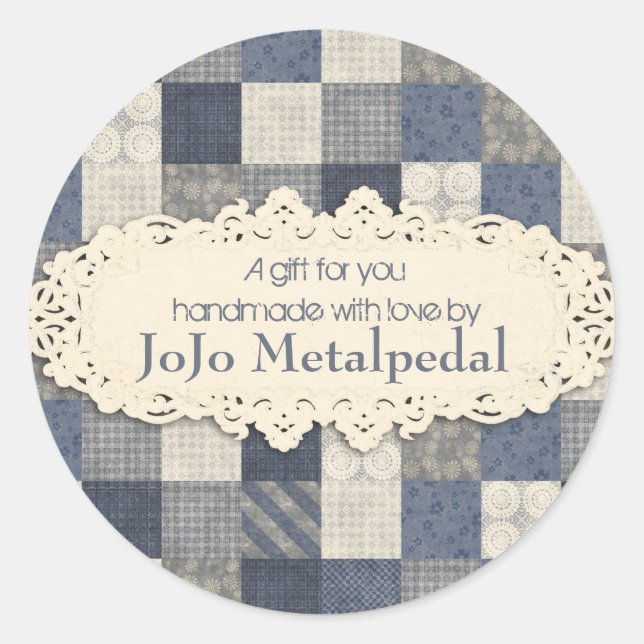 Sticker Rond Motif de courtepointe crème bleu Faux denim (Devant)