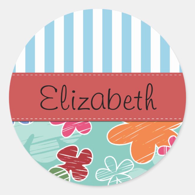 Sticker Rond Motif De Fleurs, Bleues, Votre Nom (Devant)