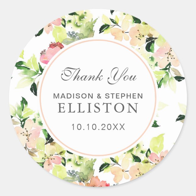 Sticker Rond Motif de fleurs d'aquarelle rose | MERCI (Devant)