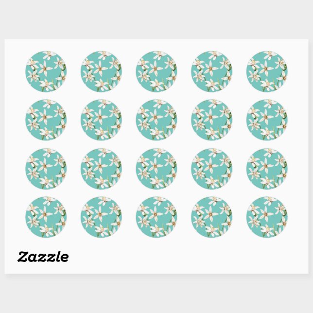 Sticker Rond Motif de fleurs de citron d'été sur turquoise (Feuille)