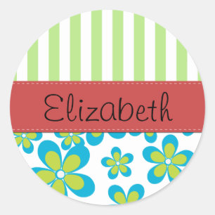 Sticker Rond Motif De Fleurs, Grandes Vertes, Votre Nom