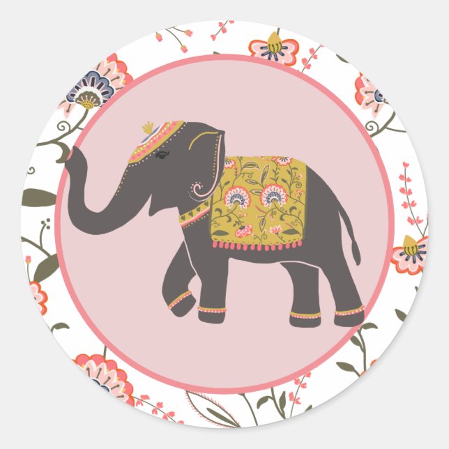 Sticker Rond Motif de fleurs jaunes roses d'éléphant indien (Devant)