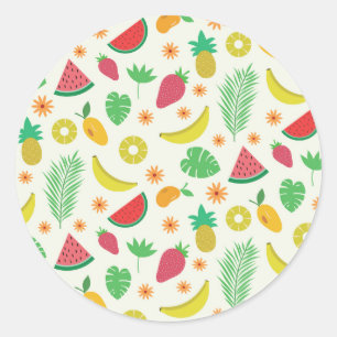 Sticker Rond Motif de fruits d'été mignons et de feuilles tropi
