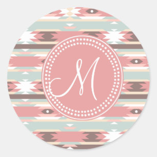 Sticker Rond Motif de monogramme rose aztèque de la tribu