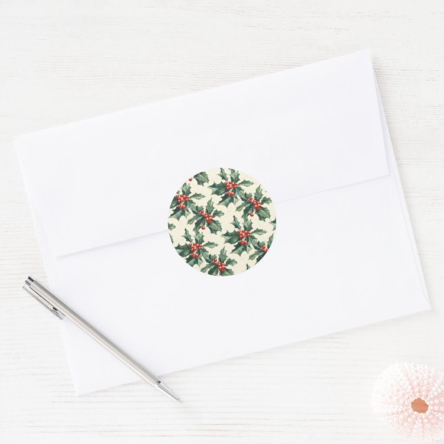 Sticker Rond Motif de Noël avec Holly Feuilles et Red Berry (Enveloppe)