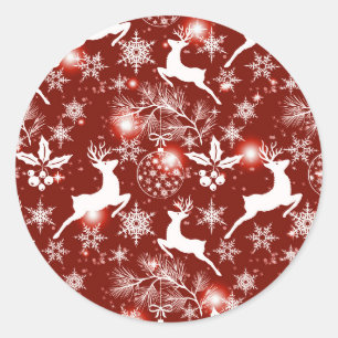 Sticker Rond Motif de Noël rouge et blanc avec rennes