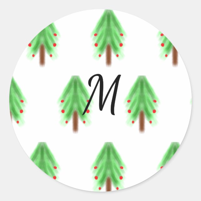 Sticker Rond Motif de Noël simple aquarelle ajouter monogramme (Devant)