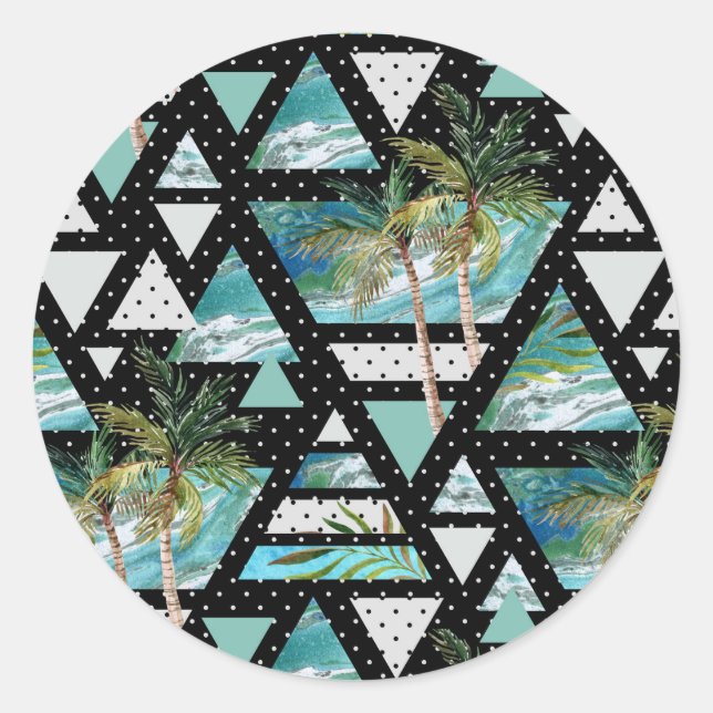 Sticker Rond Motif de palmes et vagues géométriques Abstraits (Devant)