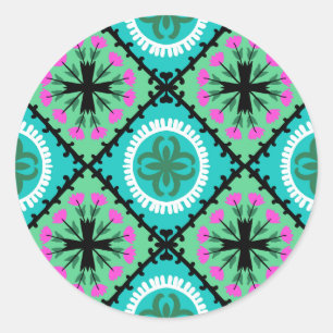 Sticker Rond Motif de Suzani avec des motifs d'Ouzbékistan et